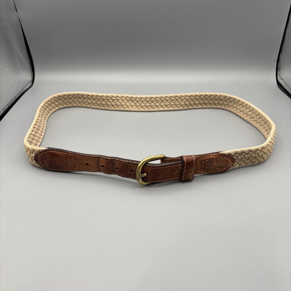 Vintage Zep-Pro Sport Belt 36 Woven Rope Leather Brass Buckle Made USA